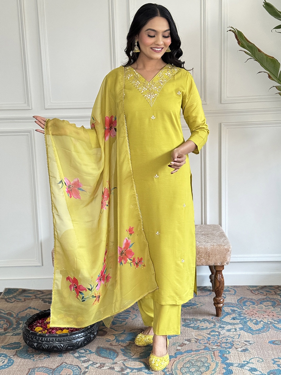 

Fashion Care Navlik Floral Embroidered V-Neck Straight Kurta With Trousers & Dupatta, Lime green