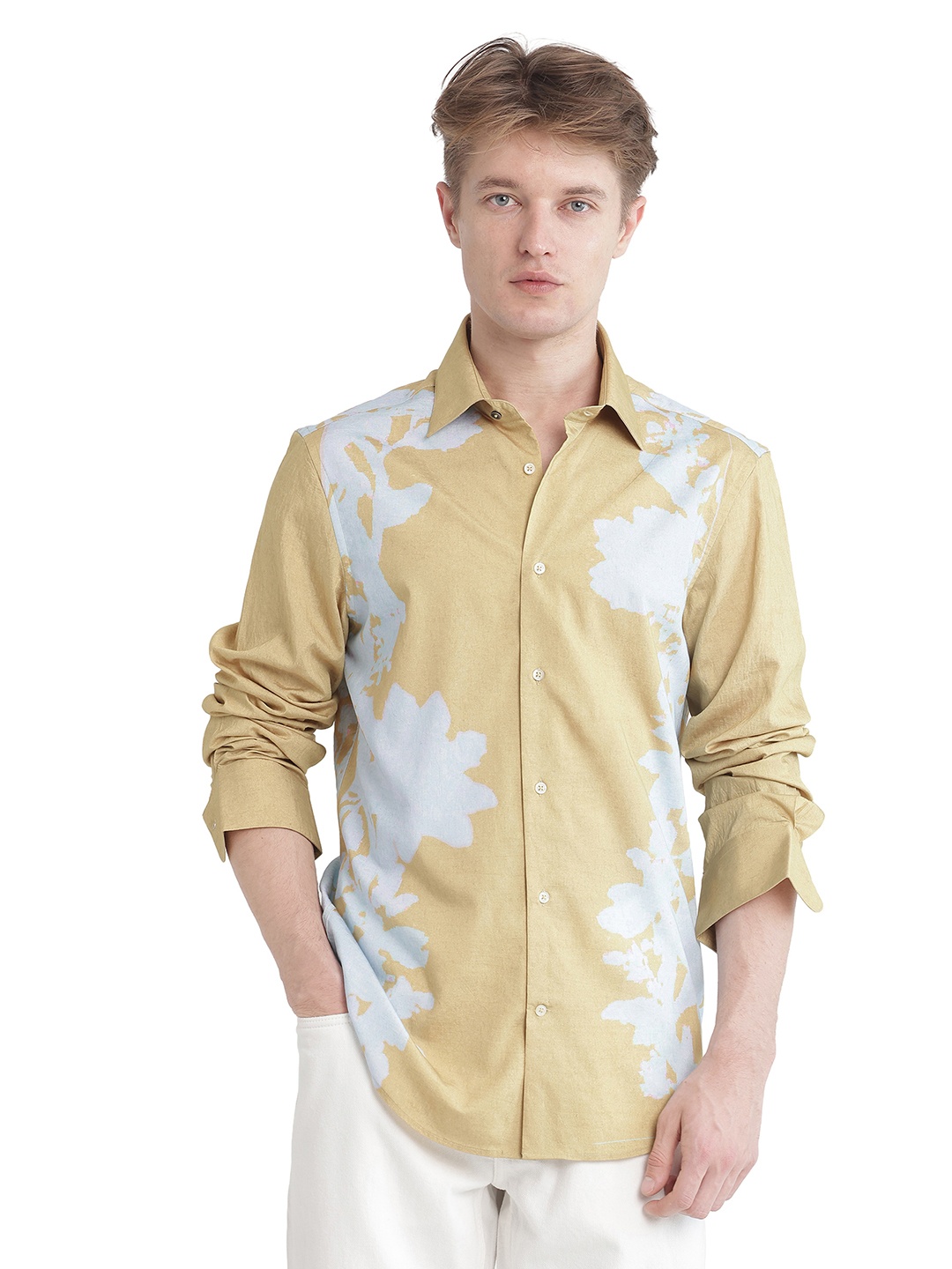 

RARE RABBIT Men Comfort Fit Spread Collar Abstract Printed Casual Shirt, Mustard
