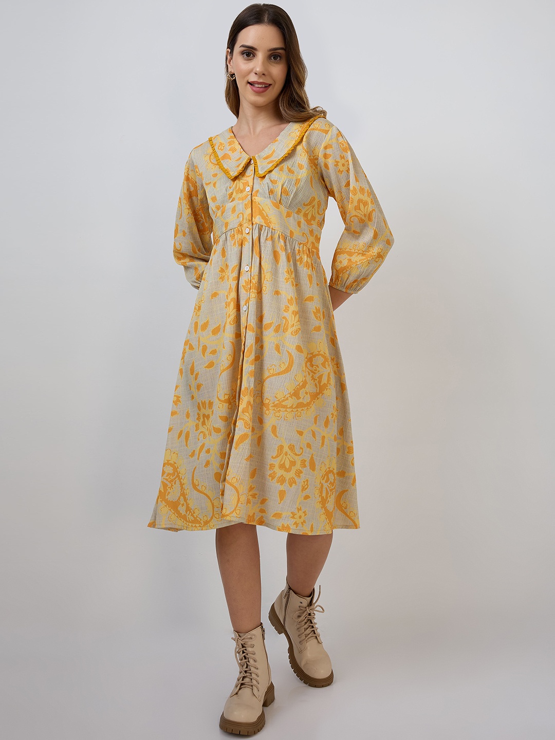 

DressBerry Floral Print Peter Pan Collar Puff Sleeve Empire Dress, Yellow