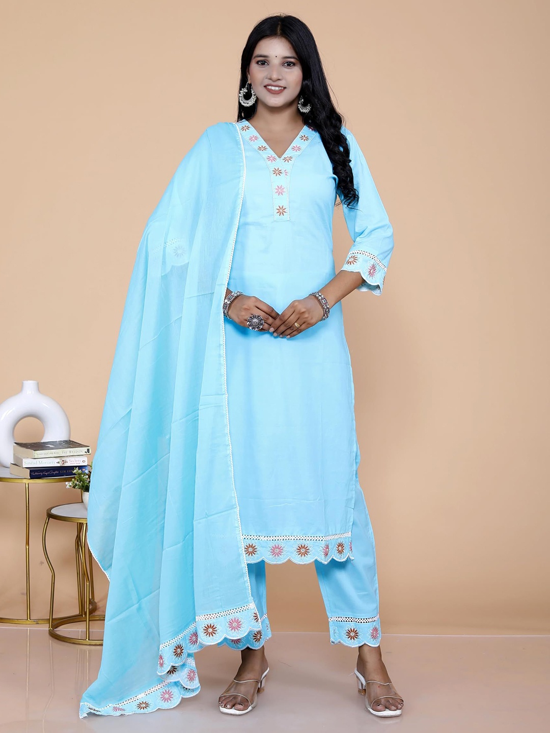 

13-Star Floral Embroidered V-Neck Pure Cotton Straight Kurta And Trousers With Dupatta, Turquoise blue