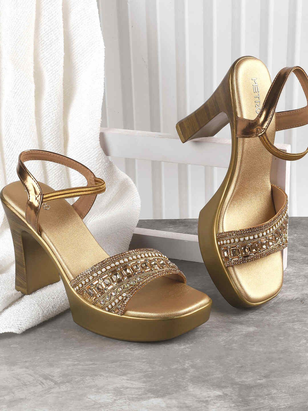 

Metro Women Embellished Block Heel Sandals, Gold