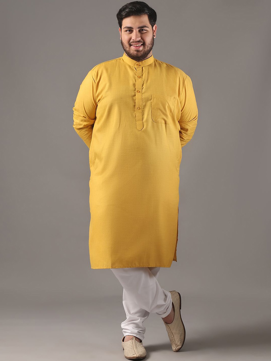 

SOJANYA PLUS Size Band Collar Cotton Straight Kurta, Mustard