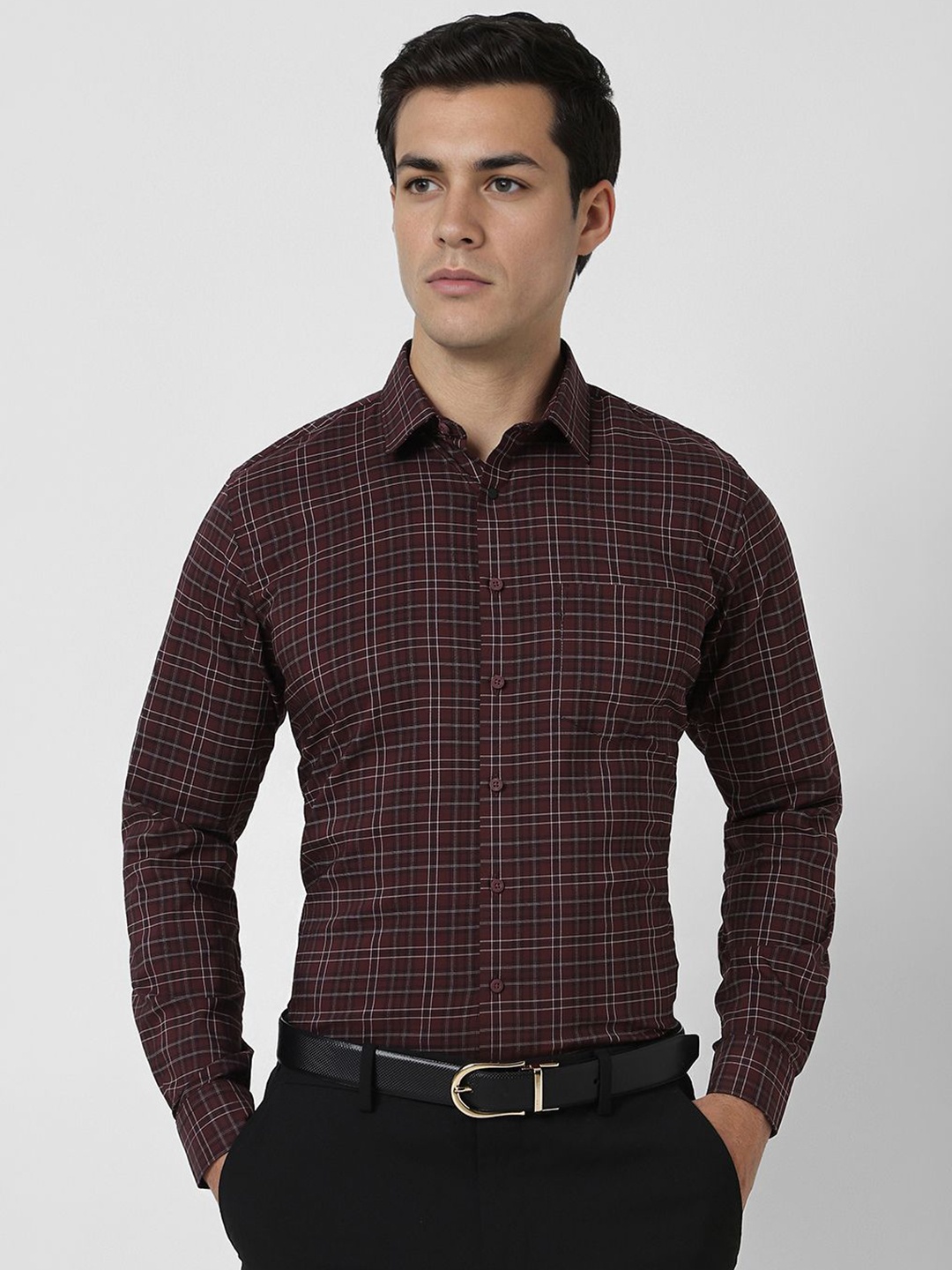 

Van Heusen Men Slim Fit Spread Collar Tartan Checked Cotton Formal Shirt, Maroon