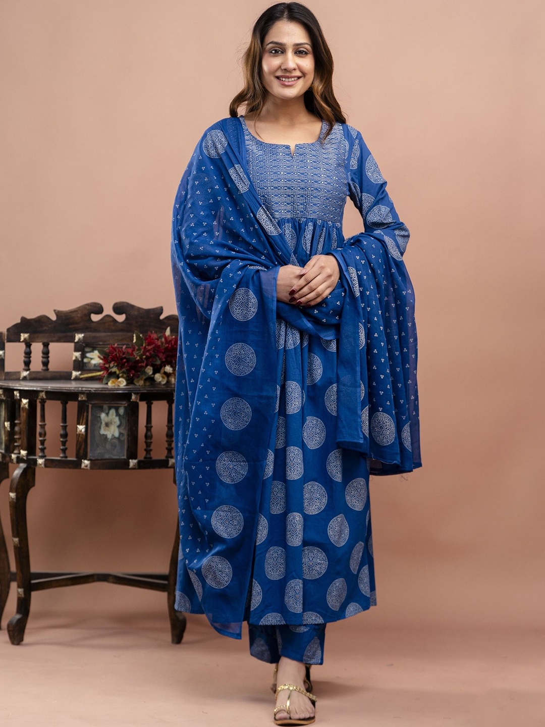 

POSHART FASHION AS UNIQUE AS YOU ARE Printed Pure Cotton Kurta With Trousers & Dupatta, Blue