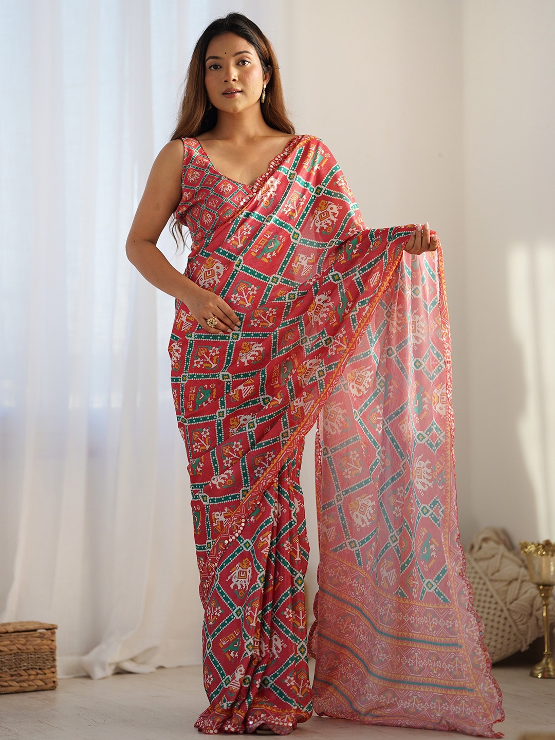 

Manu Designer Women Ethnic Motifs Printed Saree With Mirror Work Border, Red
