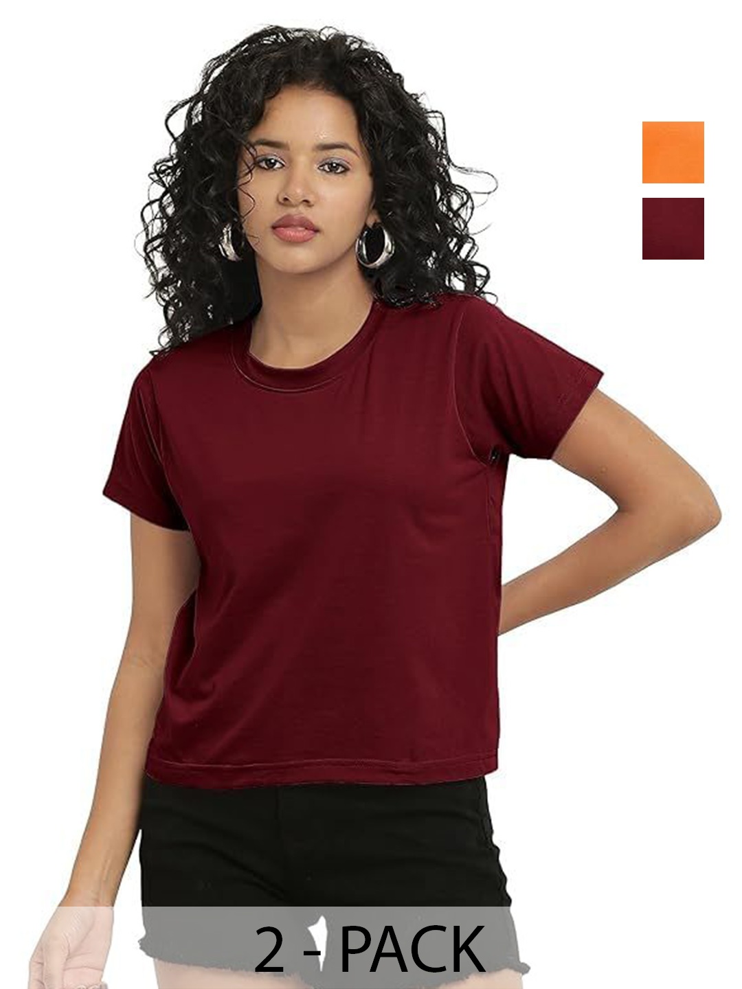 

NOTWILD Women Pack Of 2 Solid Round Neck Cotton T-shirts, Burgundy