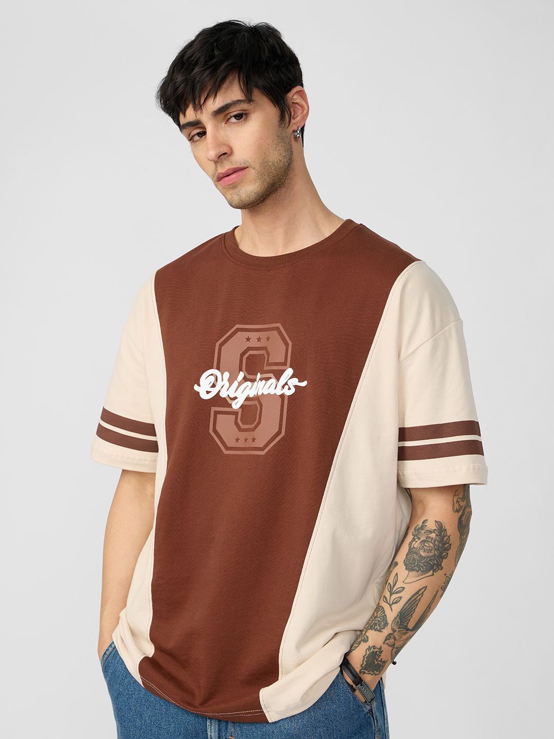 

The Souled Store Men Colourblocked Round Neck Cotton Oversized T-shirt, Off white