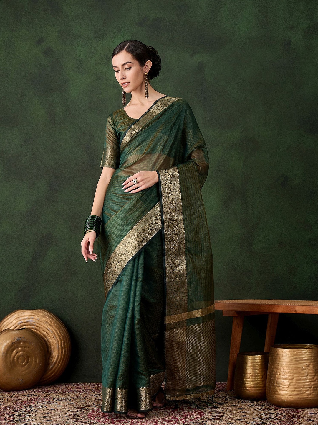

KALINI Striped Organza Kanjeevaram Saree, Green