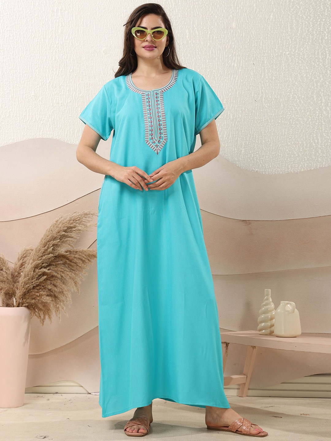 

EASY MOM Embroidered Pure Cotton Maxi Nightdress, Blue