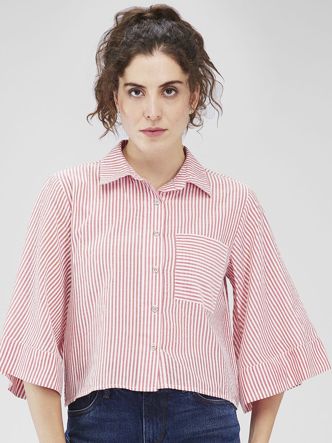

Iti Women Spread Collar Vertical Striped Casual Shirt, Red