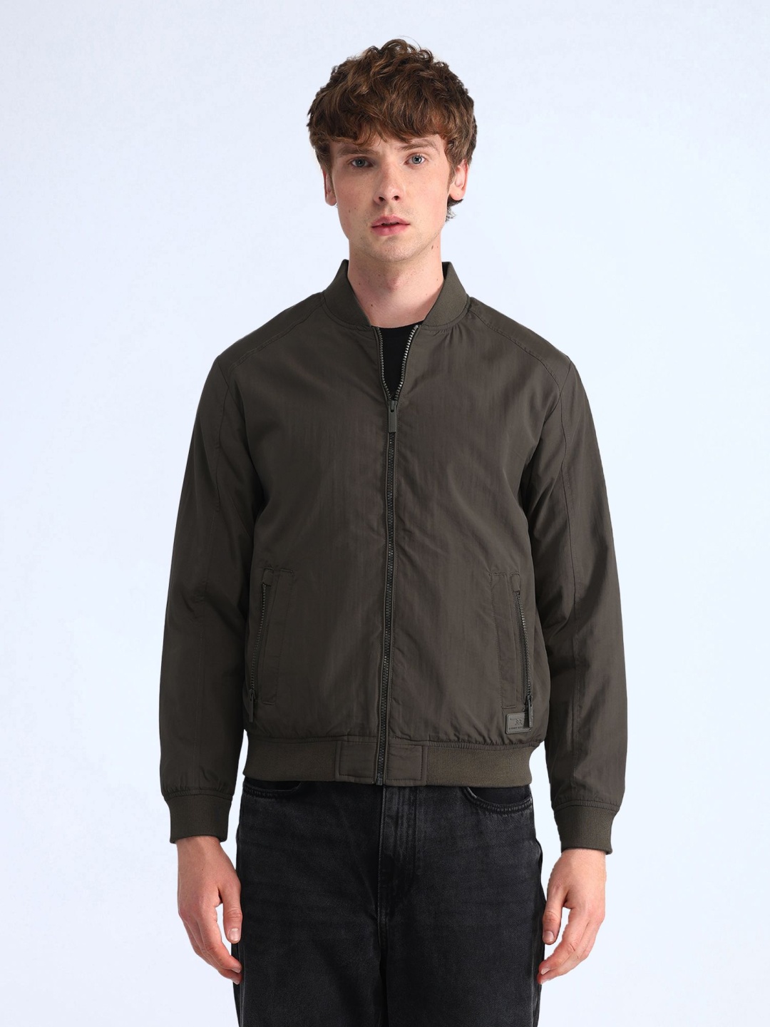 

Flying Machine Men Stand Collar Solid Casual Bomber Jacket, Brown