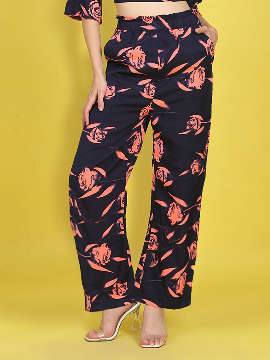 

Cutiekins Girls Floral Printed Knitted Palazzos, Navy blue