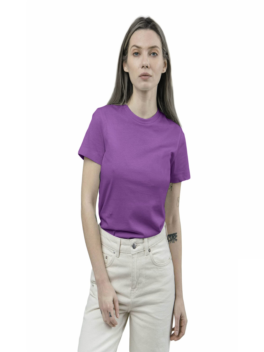 

NOTWILD Women Solid Round Neck Cotton T-shirt, Purple