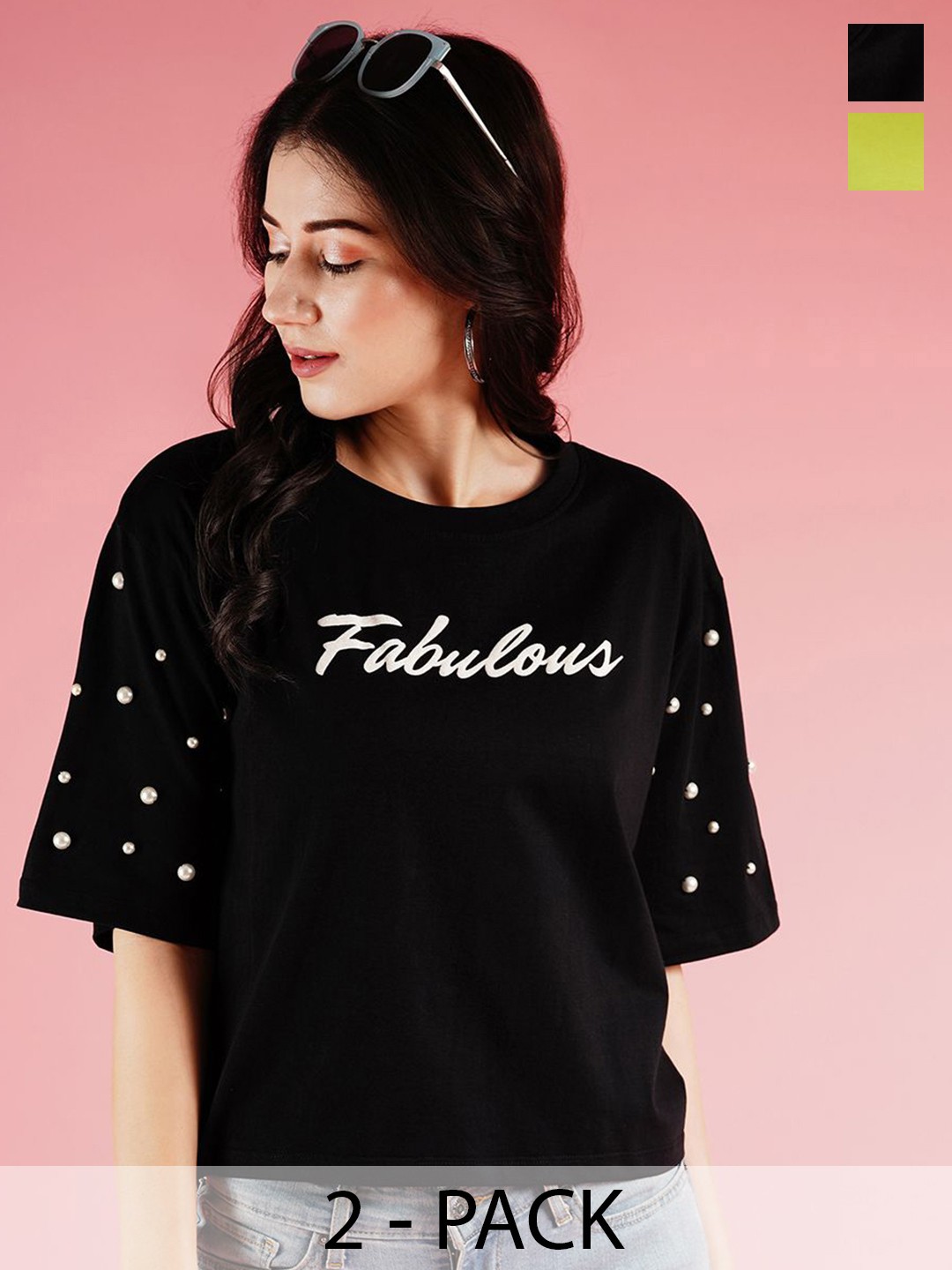 

Globus Women Pack Of 2 Graphic Printed Round Neck Cotton Boxy T-shirts, Black