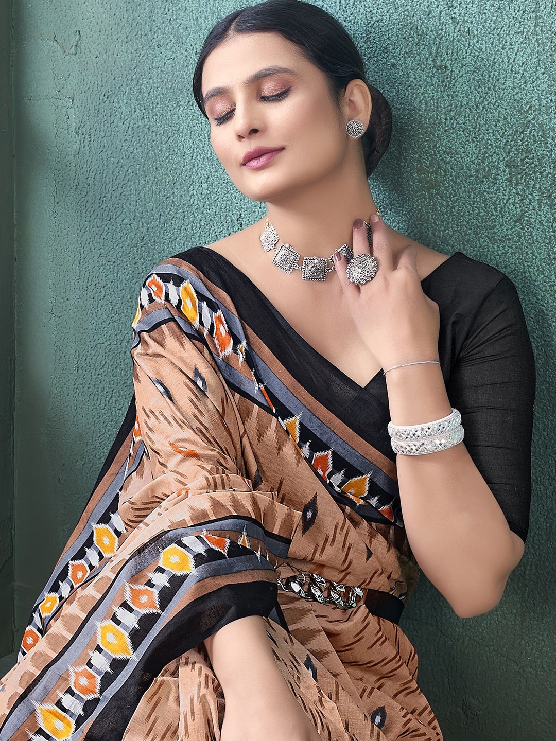 

HERE&NOW Pure Cotton Ikat Saree, Rust