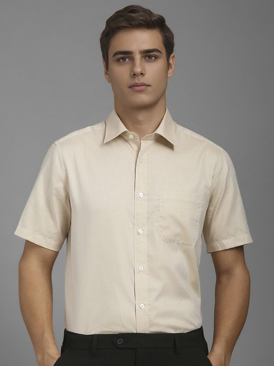 

Louis Philippe Men Classic Fit Spread Collar Horizontal Striped Cotton Formal Shirt, Beige