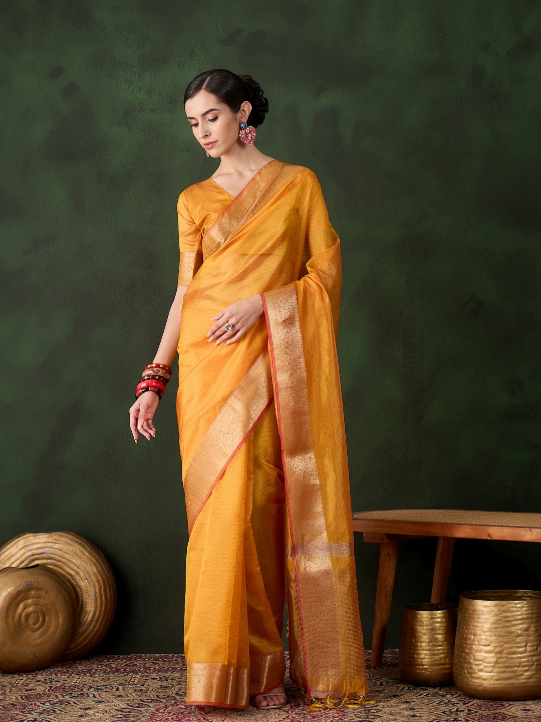 

KALINI Woven Design Zari Organza Kanjeevaram Saree, Yellow