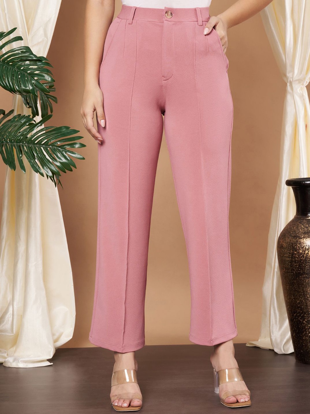 

Moda Rapido Women Relaxed Straight Fit High-Rise Easy Wash Parallel Trousers, Pink