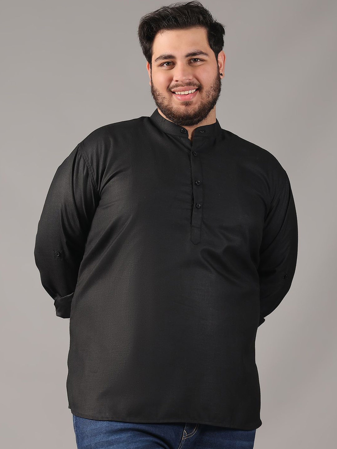 

SOJANYA PLUS Size Band Collar Cotton Straight Kurta, Black