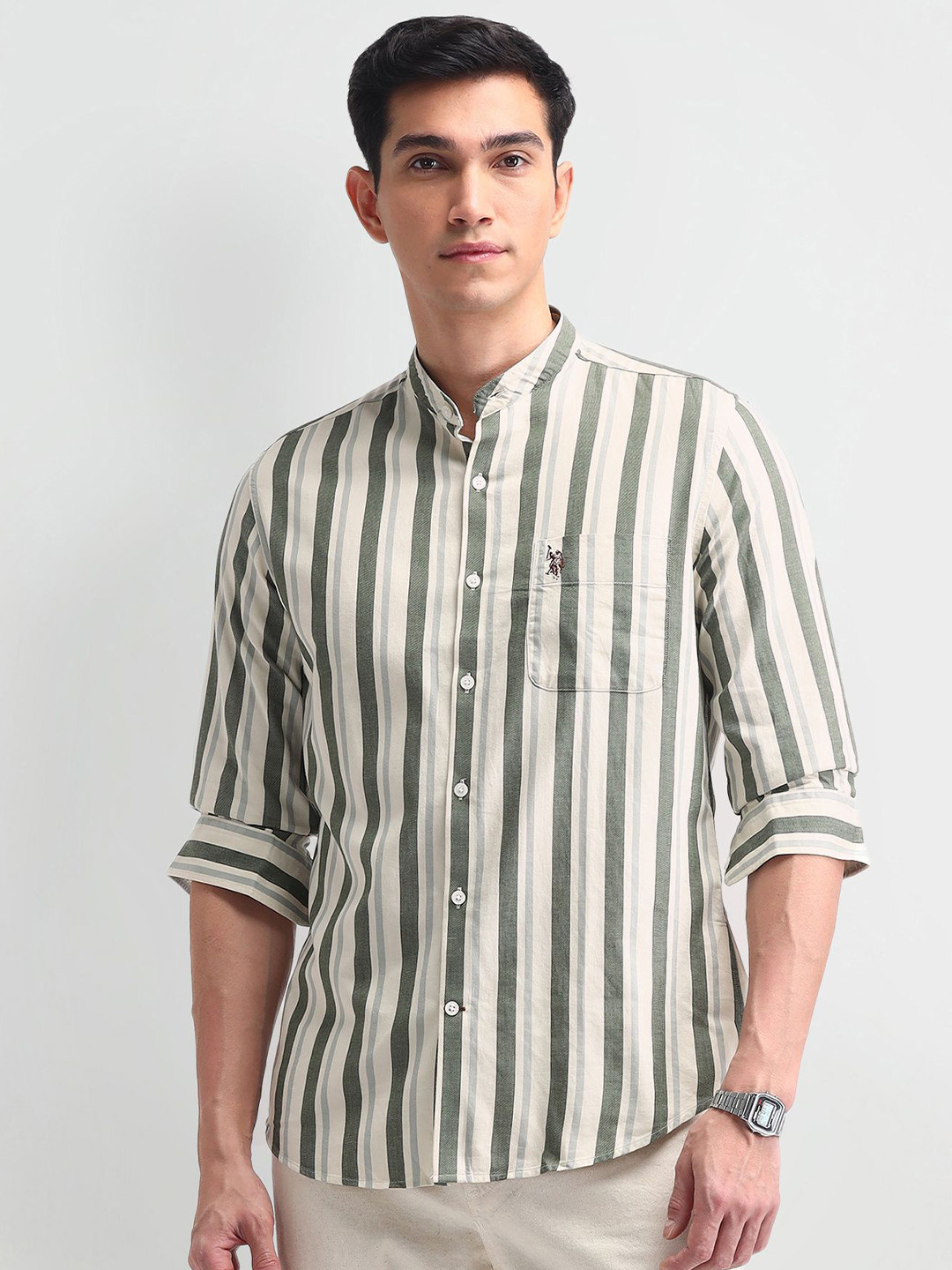 

U.S. Polo Assn. Denim Co. Men Manhattan Slim Fit Vertical Striped Cotton Casual Shirt, Olive