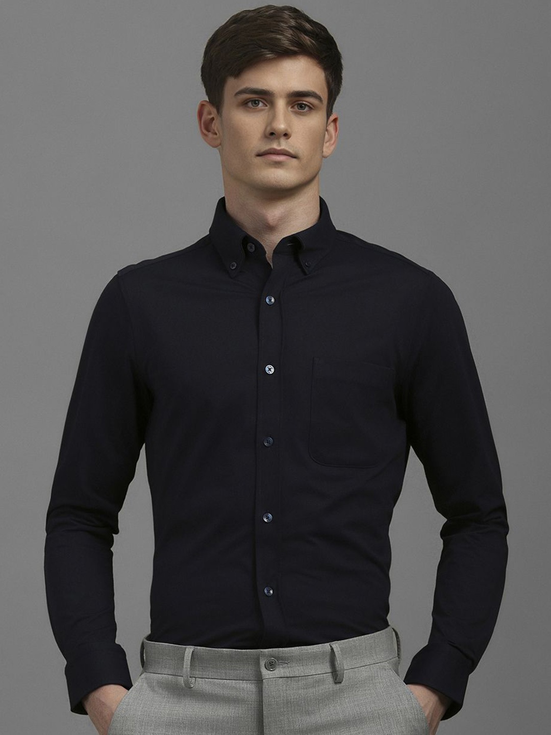 

Louis Philippe Men Slim Fit Button-Down Collar Solid Formal Shirt, Black