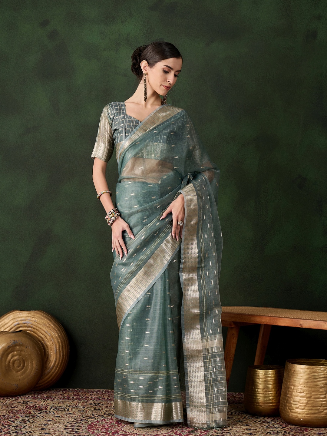 

KALINI Woven Design Zari Organza Kanjeevaram Saree, Green