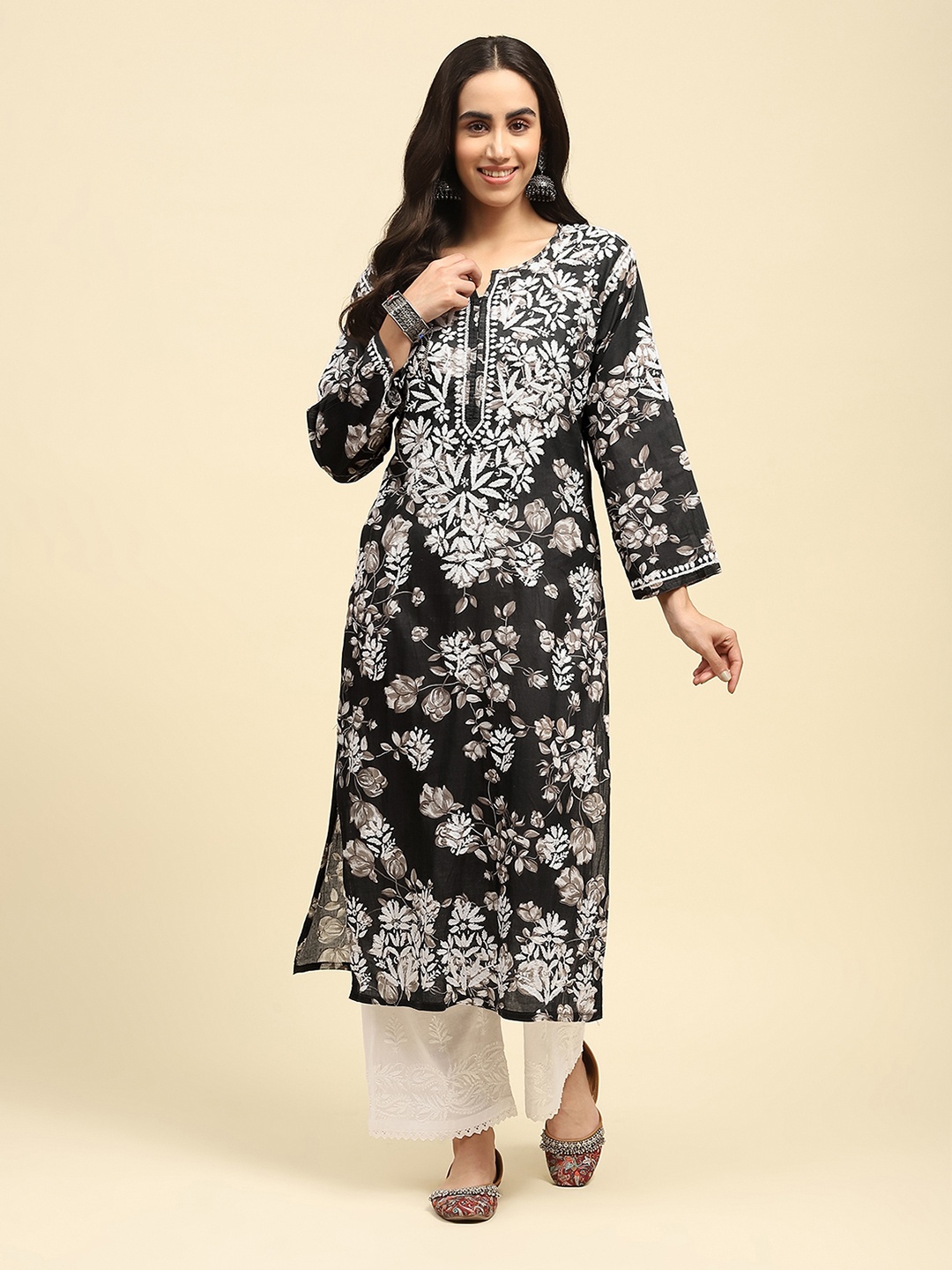 

House of Chikankari Chikankari Printed Kurta, Black