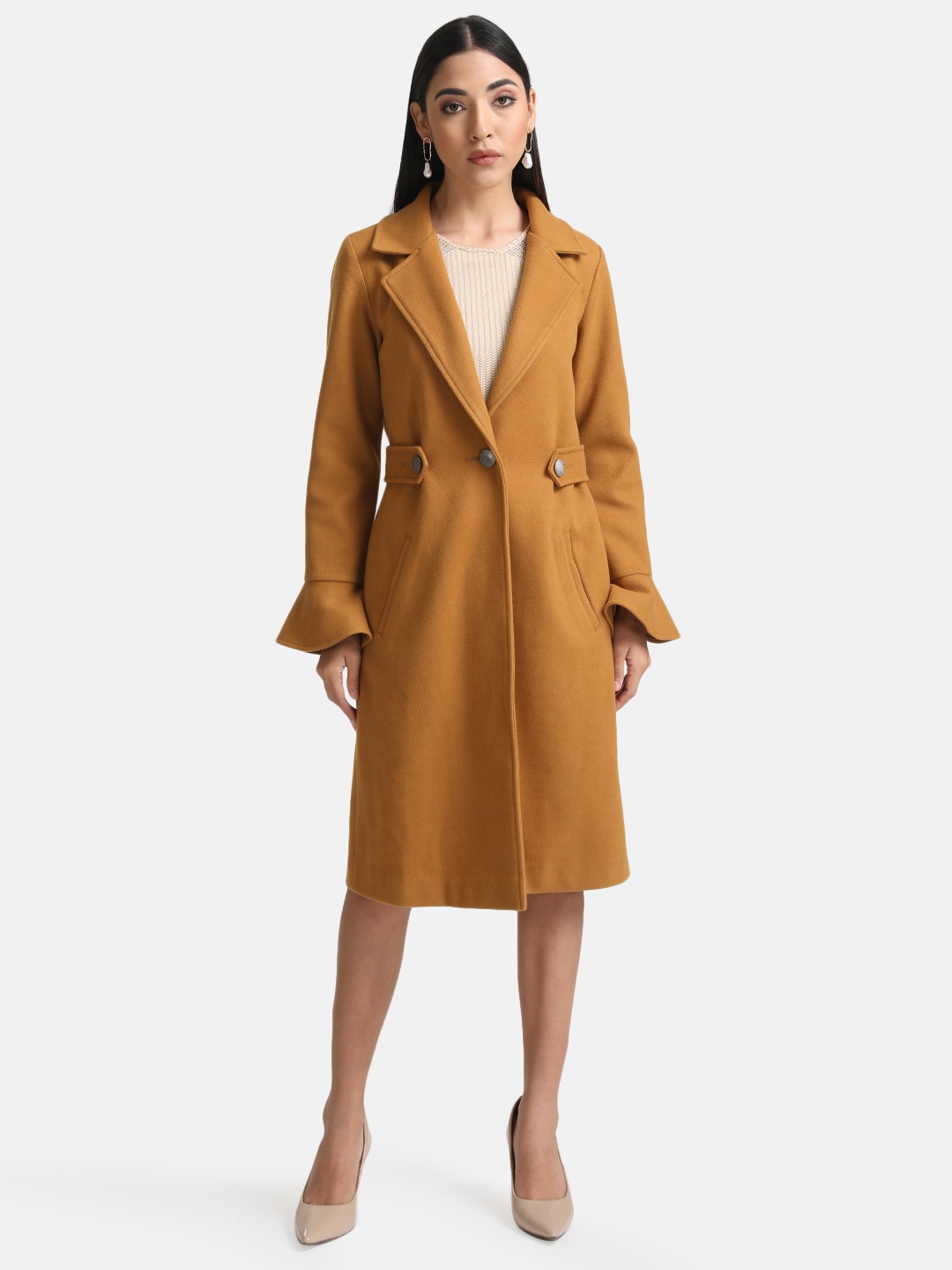 

Kazo Women Overcoat With Peplum Sleeves, Tan