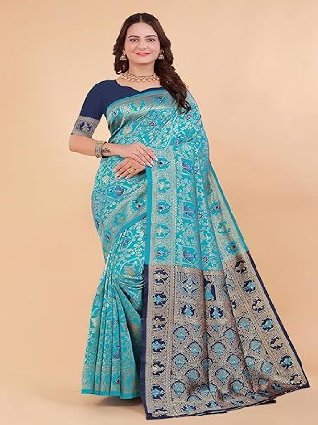

Suratwala Ethnic Motifs Printed Woven Design Zari Saree, Turquoise blue
