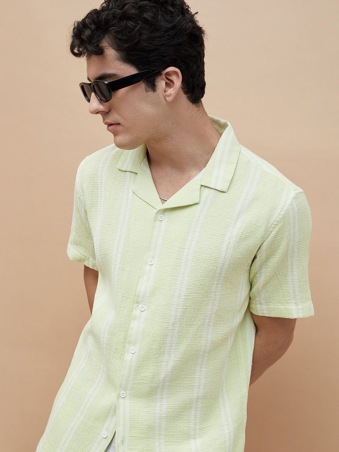 

Forca Men Cuban Collar Vertical Striped Cotton Casual Shirt, Yellow