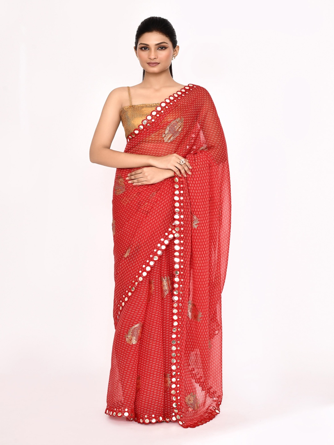 

Manu Designer Floral Mirror Work Pure Chiffon Saree, Red