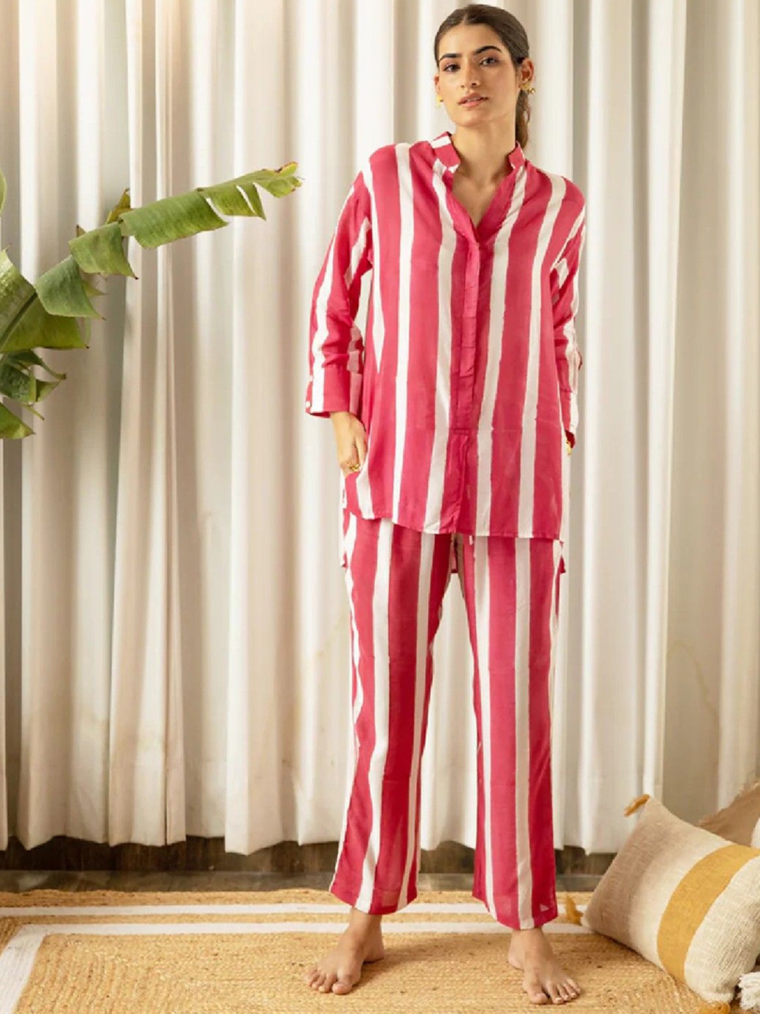 

Acriine Striped Mandarin Collar Pure Cotton Shirt And Trousers, Pink