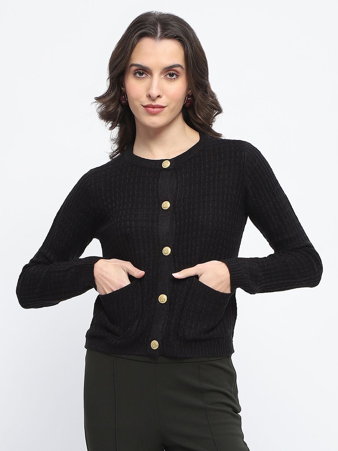 

Madame Women Round Neck Cardigan, Black