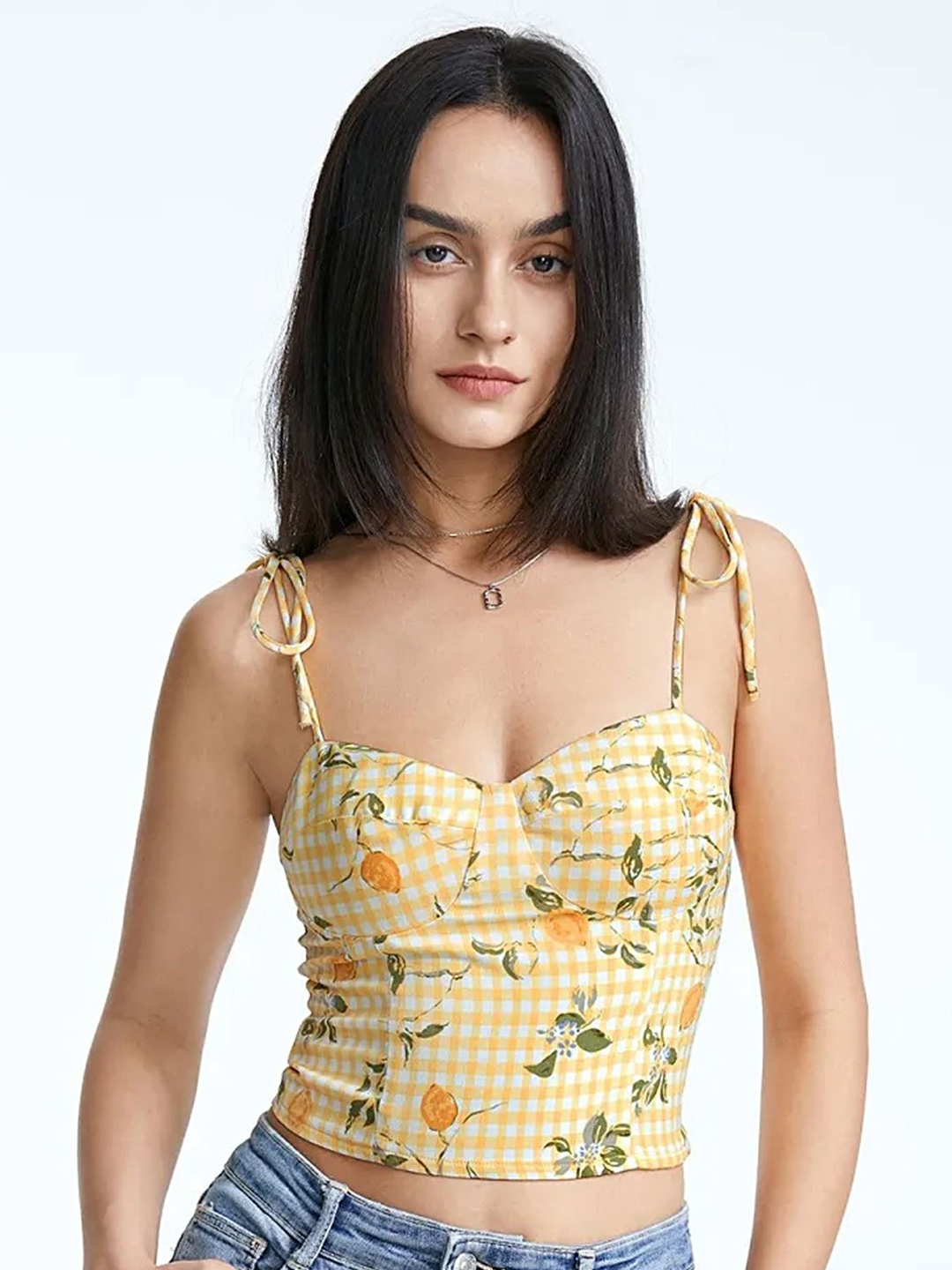 

LULU & SKY Women Floral Printed Shoulder Straps Fitted Crop Top, Yellow