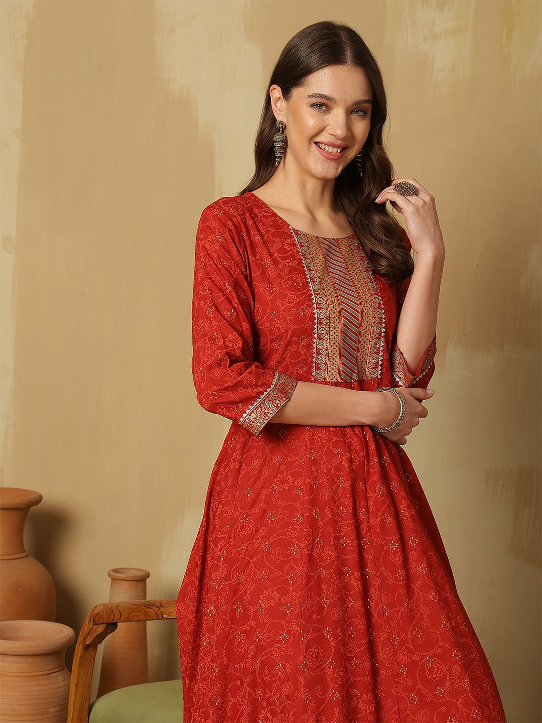 

Anouk Ethnic Motifs Printed Flared Sleeve Fit and Flare Midi Dress, Rust