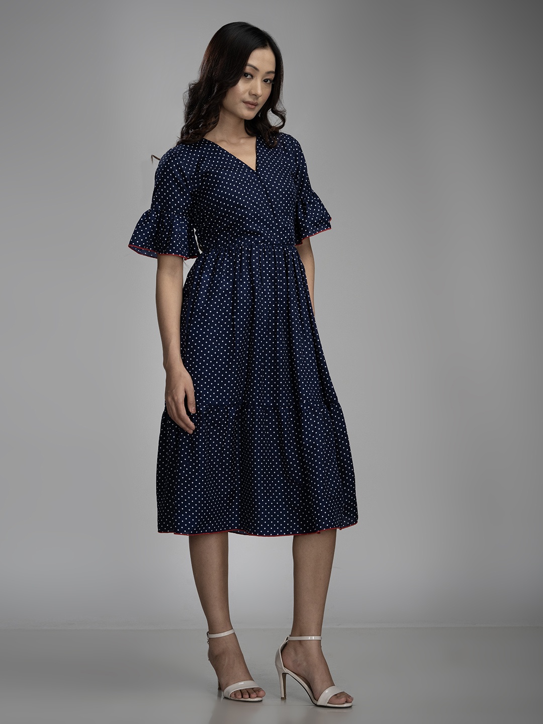 

Misswish Print Flared Sleeve Georgette Fit & Flare Dress, Navy blue