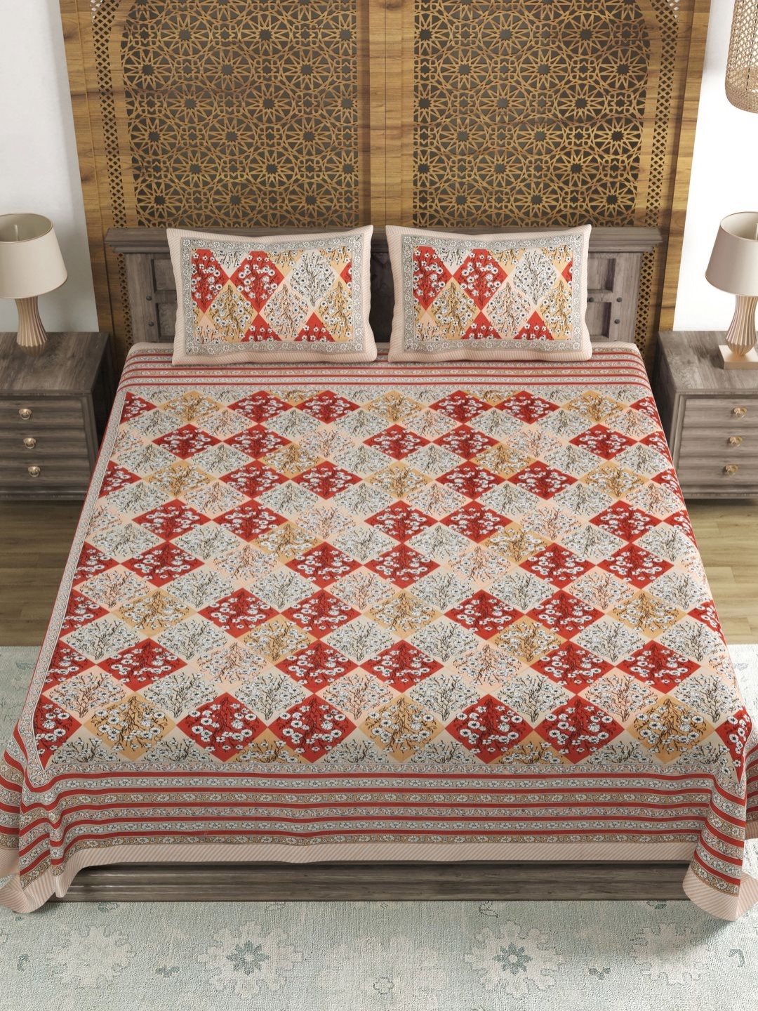 

Myntra Elegant Homes Brown & Red Ethnic Motifs 120 TC King King Bedsheet Set 2.18m x2.61m