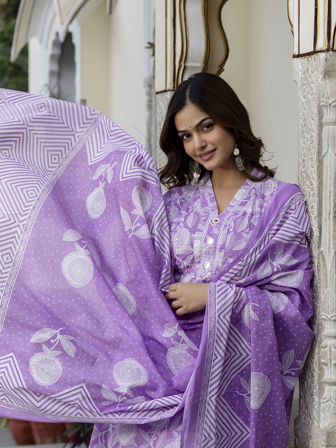 

Anouk Purple Floral Printed V-Neck Pure Cotton A-Line Kurta With Trouser & Dupatta