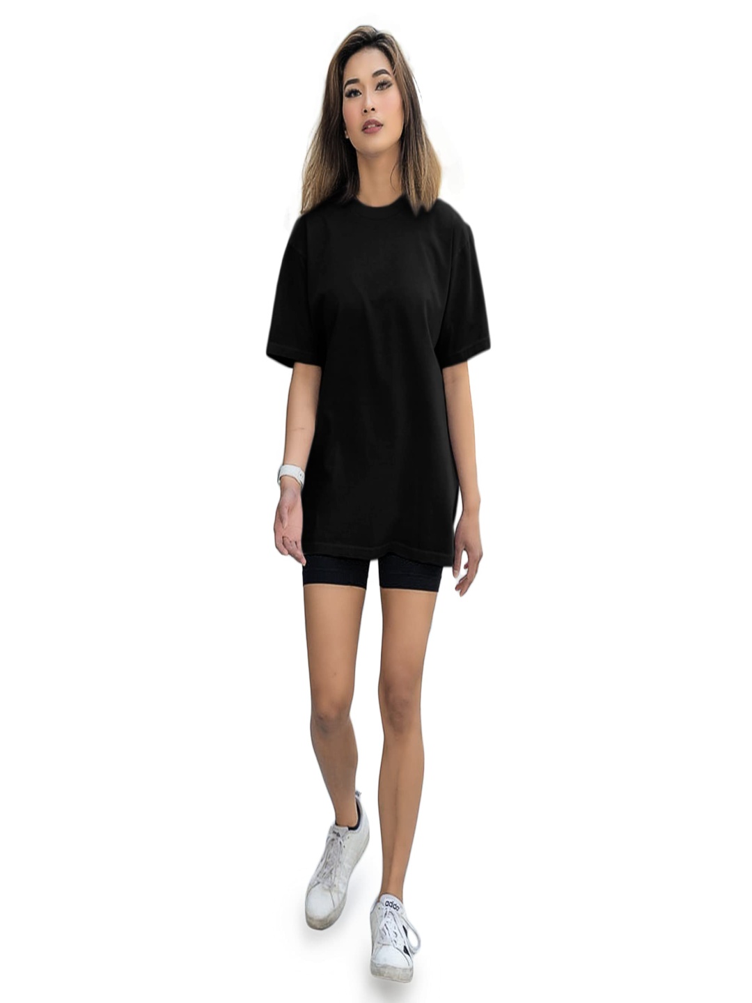 

NOTWILD Women Solid Round Neck Cotton Oversized T-shirt, Black