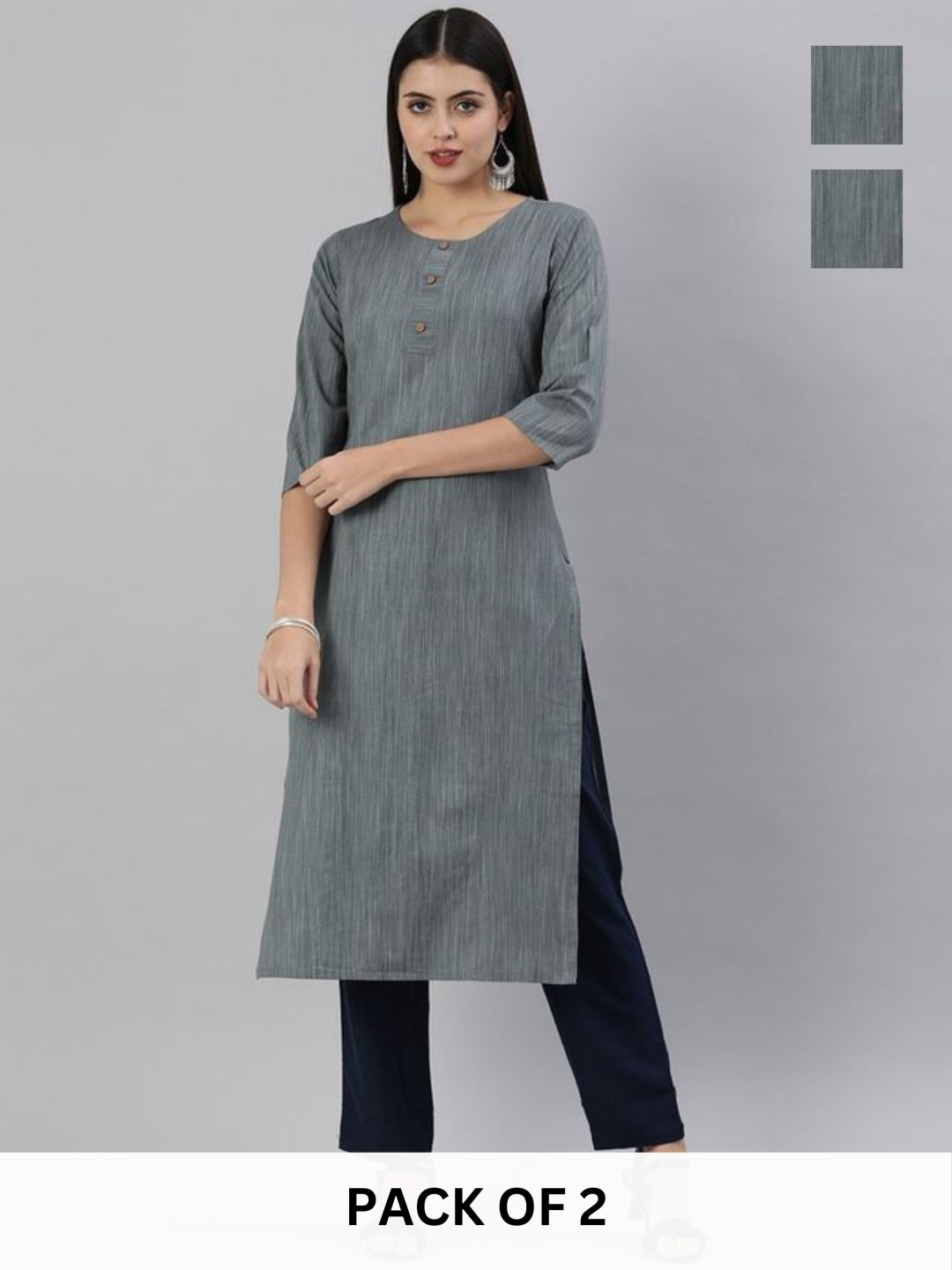 

KALINI Selection Of 2 Striped Round Neck Straight Kurta, Charcoal