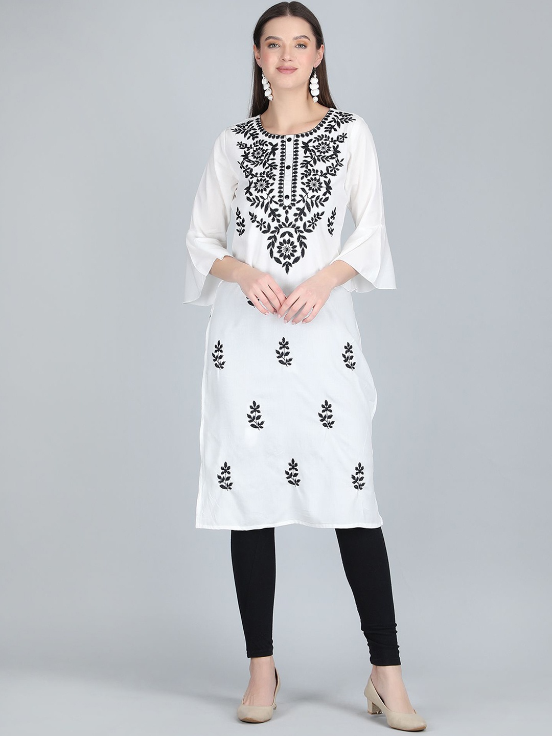

ANANDITA Floral Embroidered Chikankari Round Neck Bell Sleeves Straight Kurta, White