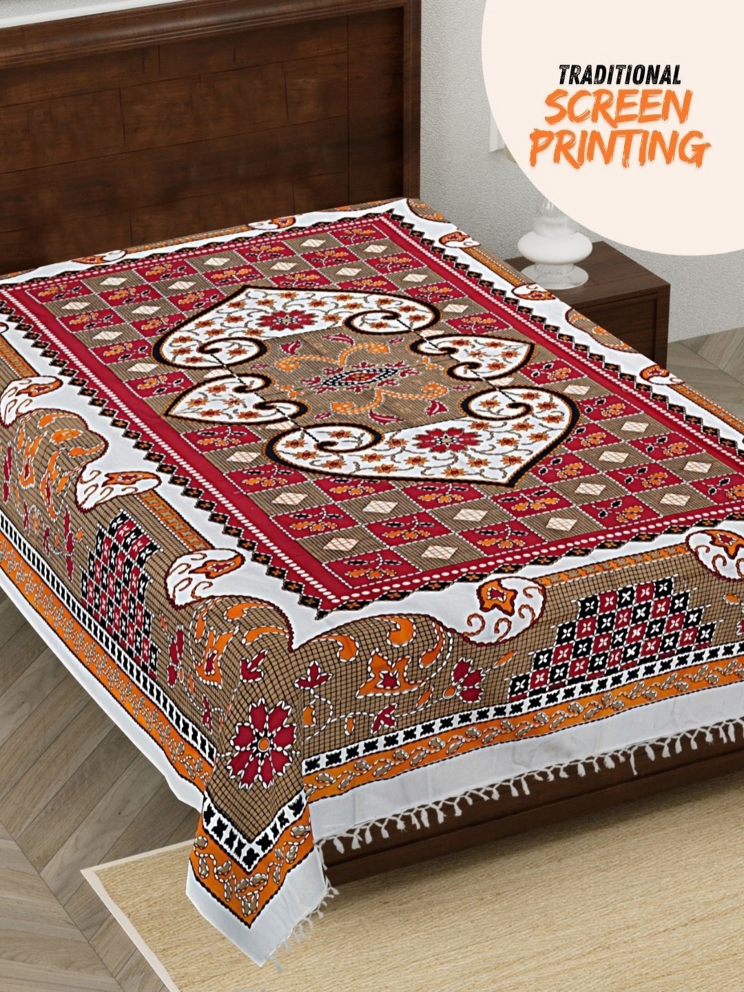 

HASHCART White & Brown Printed 210 TC Pure Cotton Queen Single Bedsheet 2.30 m x 1.52 m