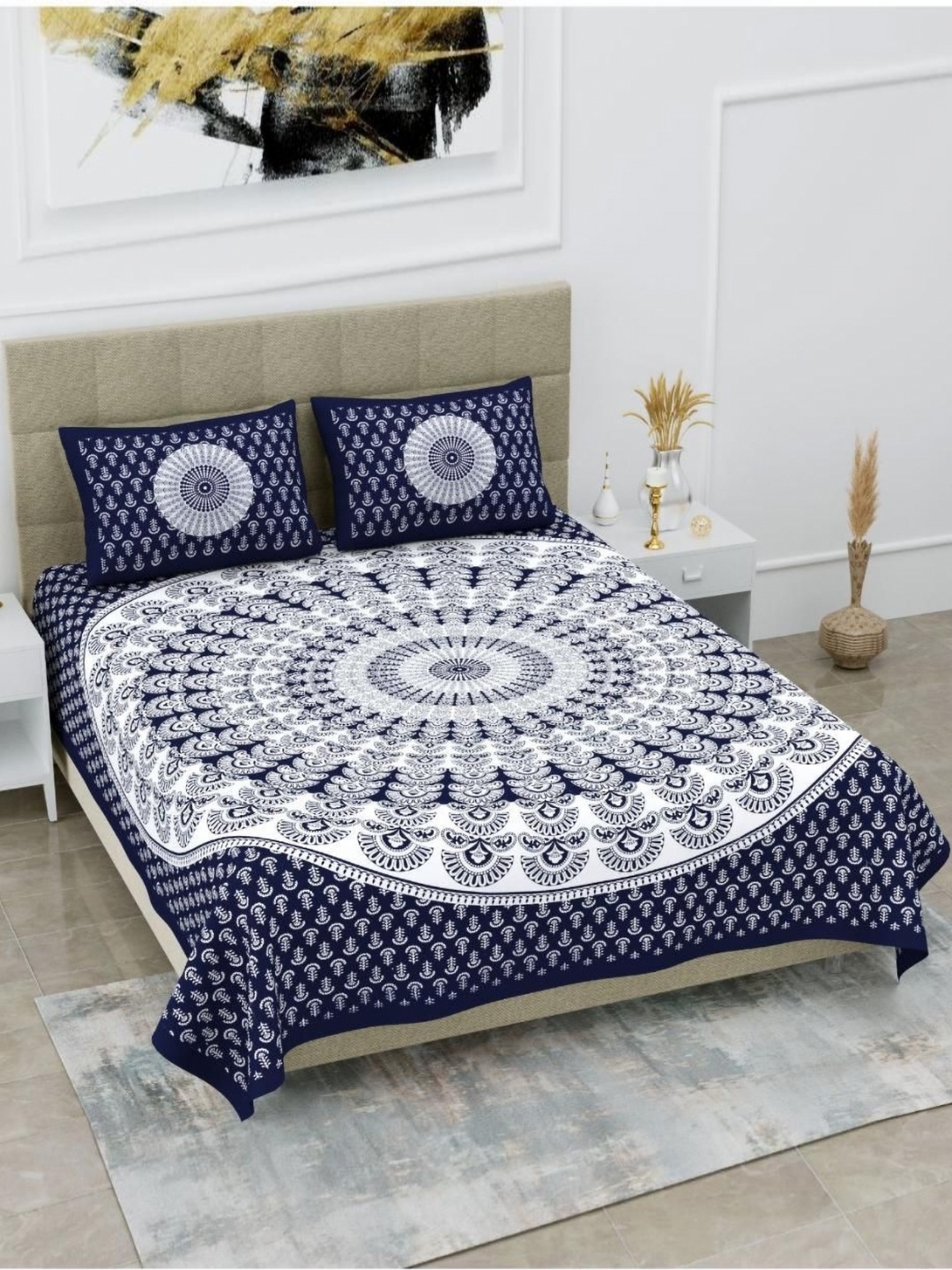 

Aura Blue & White Ethnic Motifs 144 TC Queen Bedsheet with 2 Pillow Covers