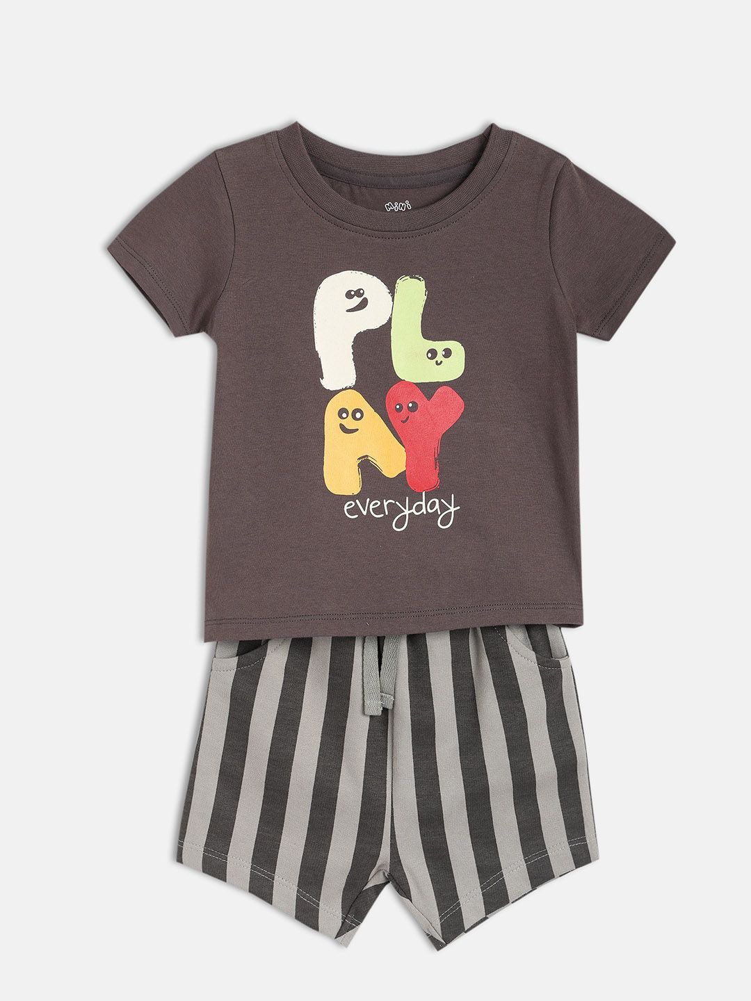 

MINI KLUB Boys Printed Pure Cotton T-Shirt With Shorts, Charcoal