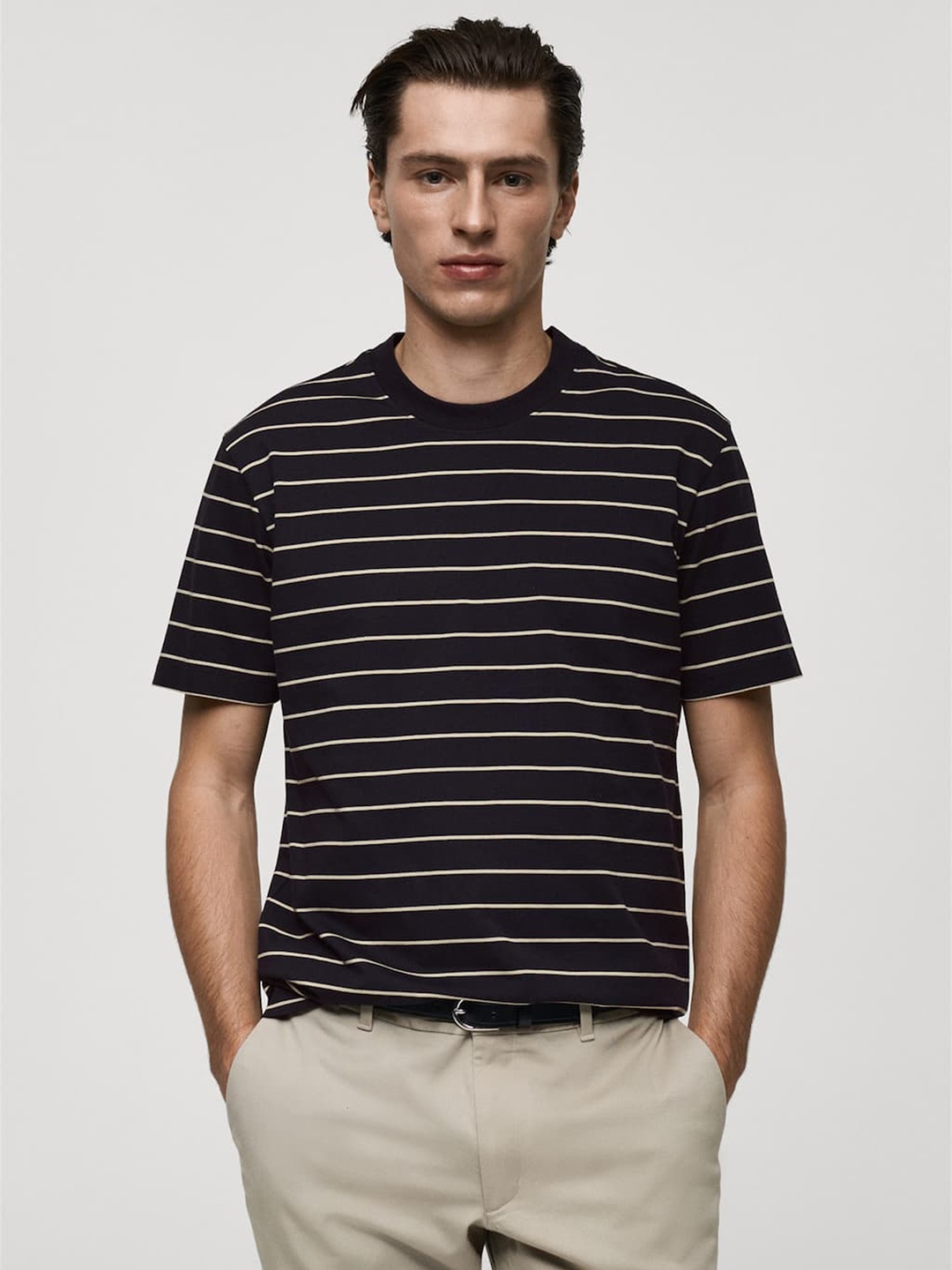 

MANGO MAN Striped Pure Cotton T-shirt, Black