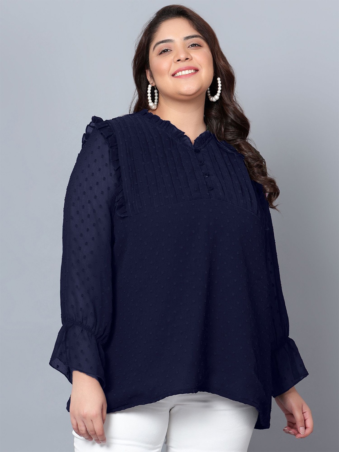 

Indietoga Embroidered Mandarin Collar Puff Sleeve Georgette Top, Blue