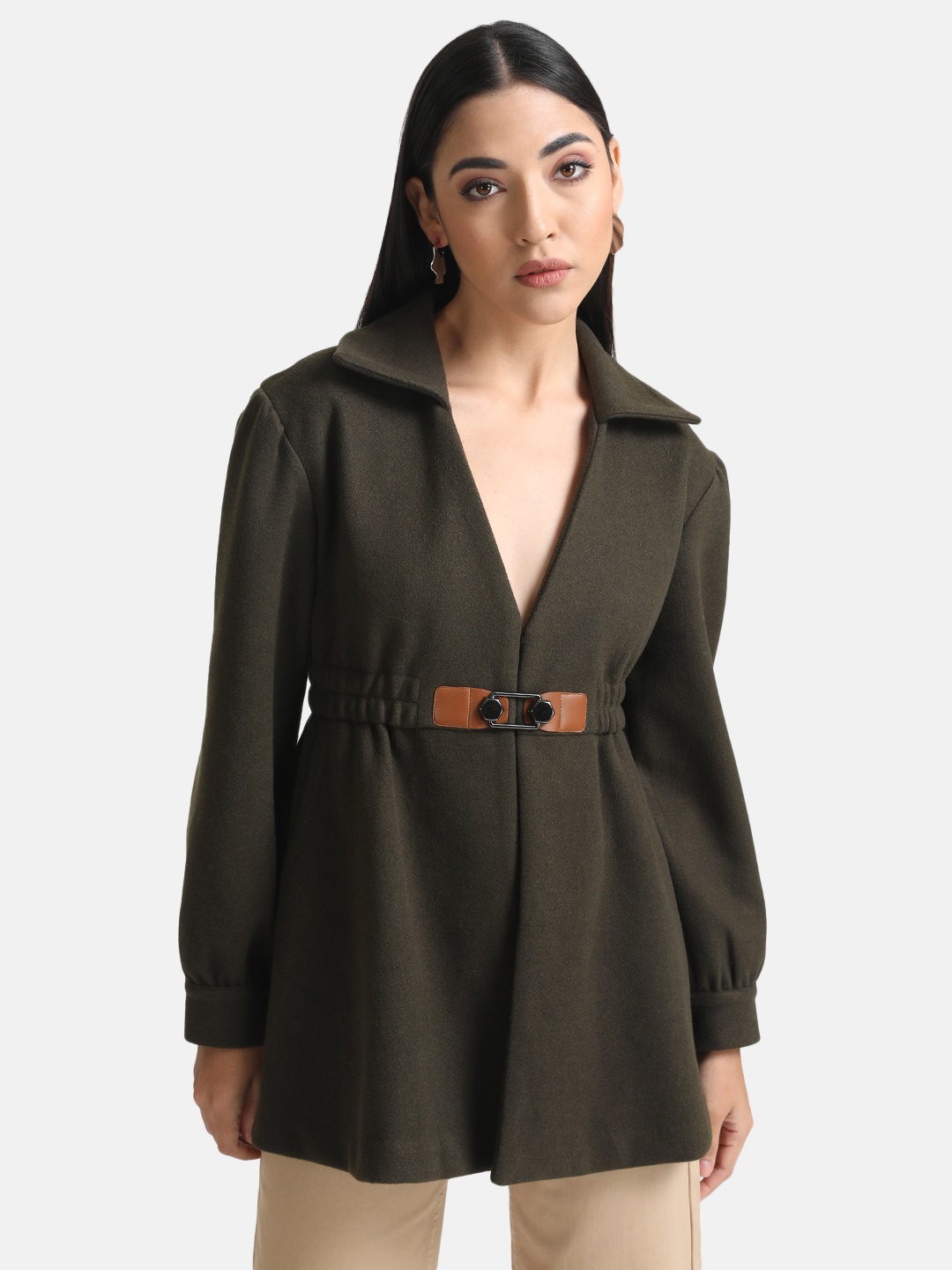 

Kazo Women Long Peplum Overcoat, Olive