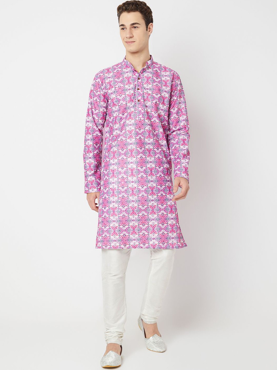 

BELLAZO Ethnic Motifs Printed Mandarin Collar Straight Kurta, Pink