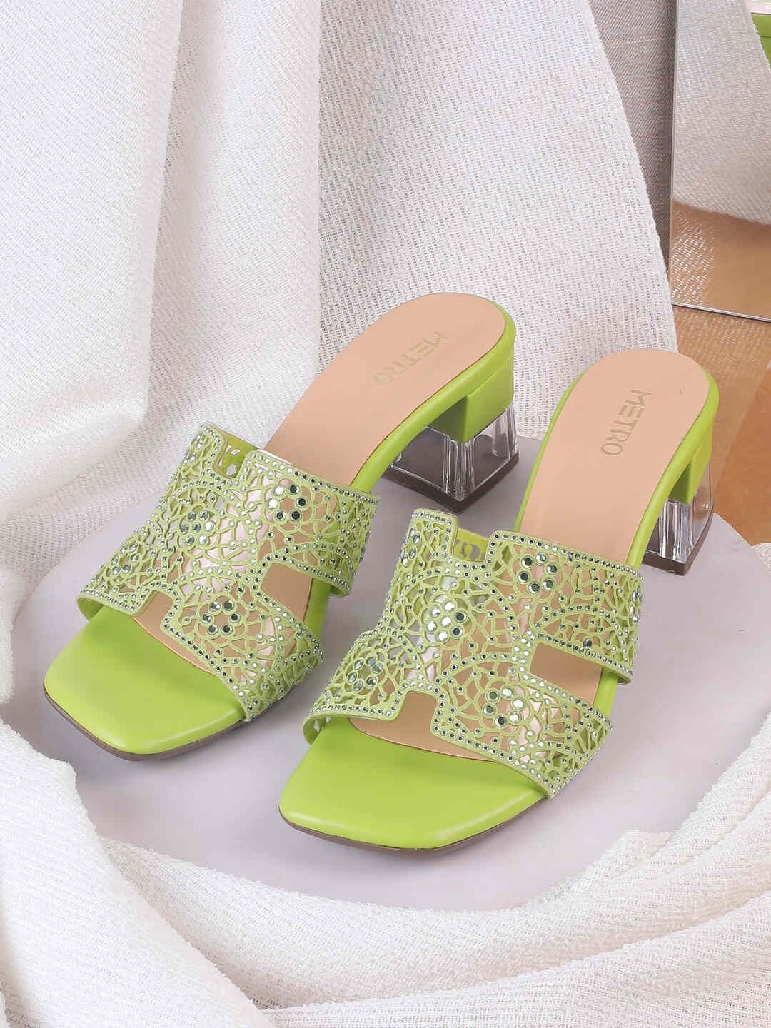 

Metro Women Open Toes Embellished Block Heel Sandals, Green