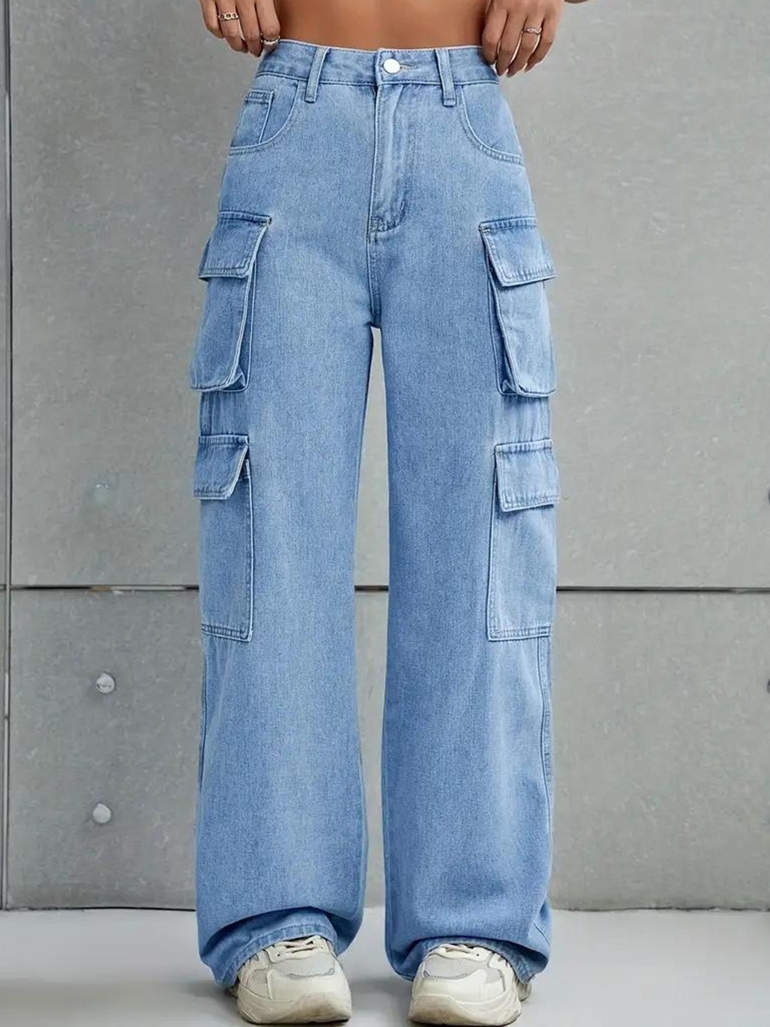 

DressBerry Women Comfort Wide Leg High-Rise Acid Wash Stretchable Cargo Jeans, Blue